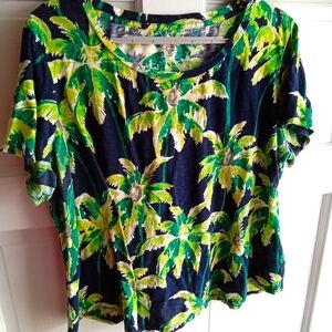Crown and Ivy. Tropical Palm Print with Monkey. Women's Plus Size Top 2X